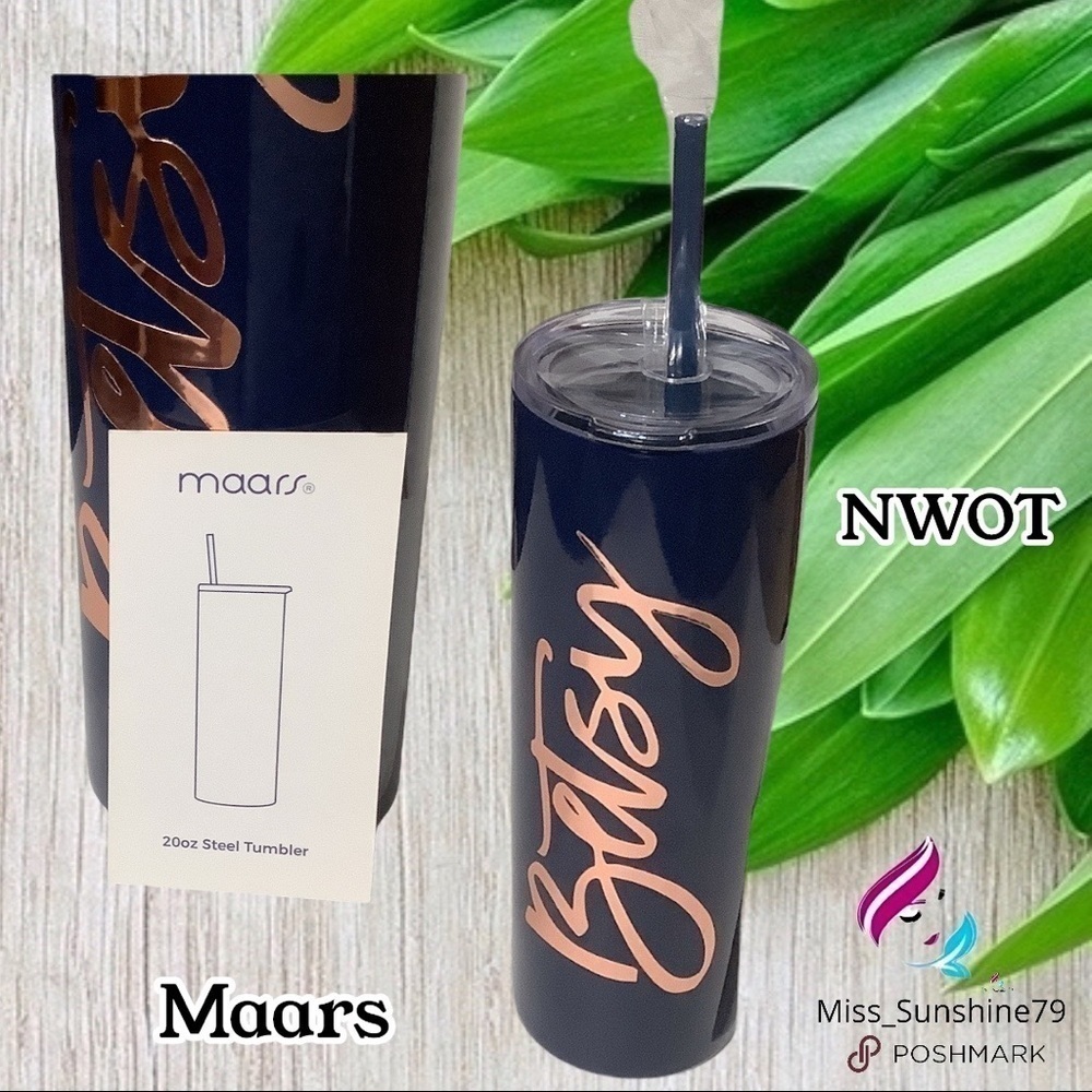 Maars NWOT - 20oz steel tumbler w/ straw - navy blue rose gold letters B…